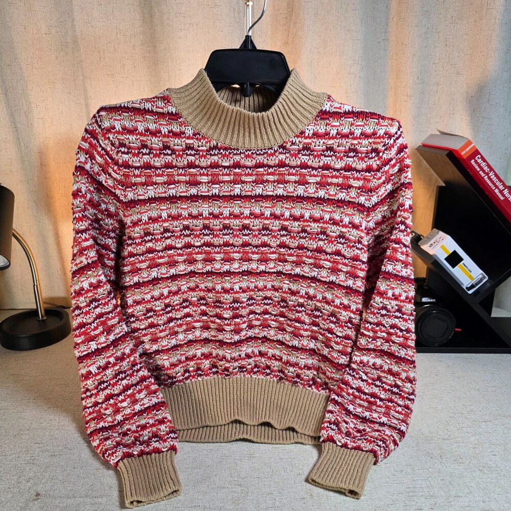 Ann Taylor textured striped popcorn knit mock-neck pullover sweater.